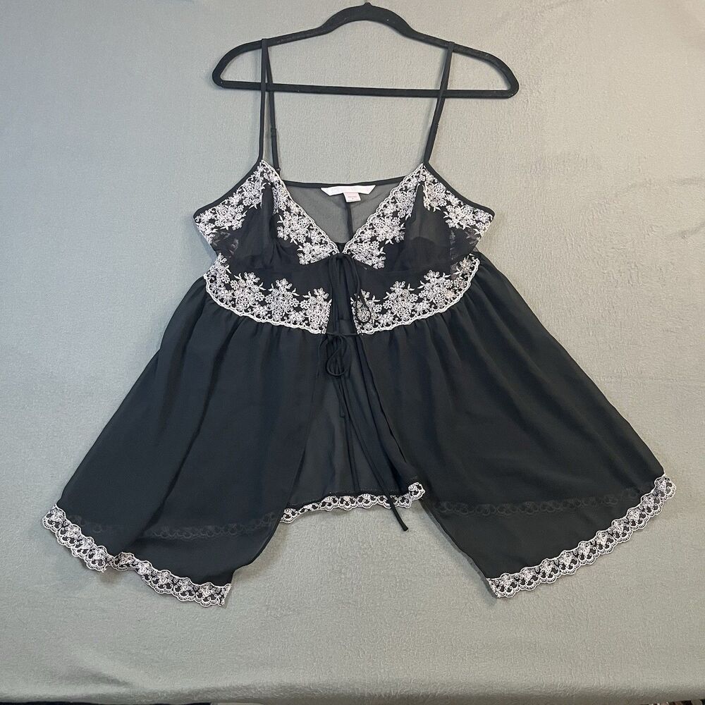 Victorias Secret Black Sheer Mesh Lace Trim Babydoll Nightie Lingerie Size L